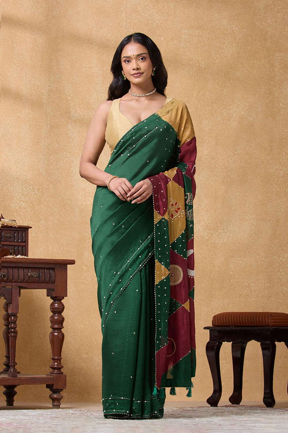 Green Silk Viscose Embroidered Saree image number null