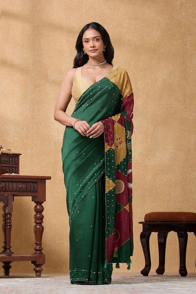Green Silk Viscose Embroidered Saree thumbnail image number null