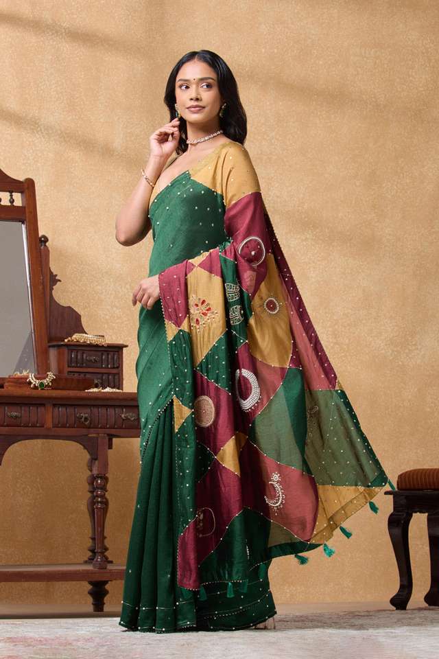 Green Silk Viscose Embroidered Saree thumbnail image number null