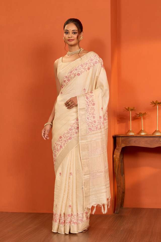 Off White Bengal Pure Tussar Silk Kantha Embroidered Saree thumbnail image number null