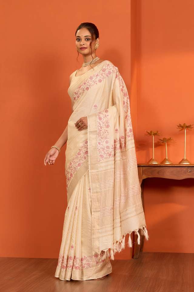 Off White Bengal Pure Tussar Silk Kantha Embroidered Saree thumbnail image number null