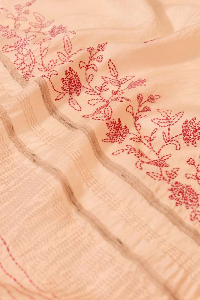 Off White Bengal Pure Tussar Silk Kantha Embroidered Saree thumbnail image number null