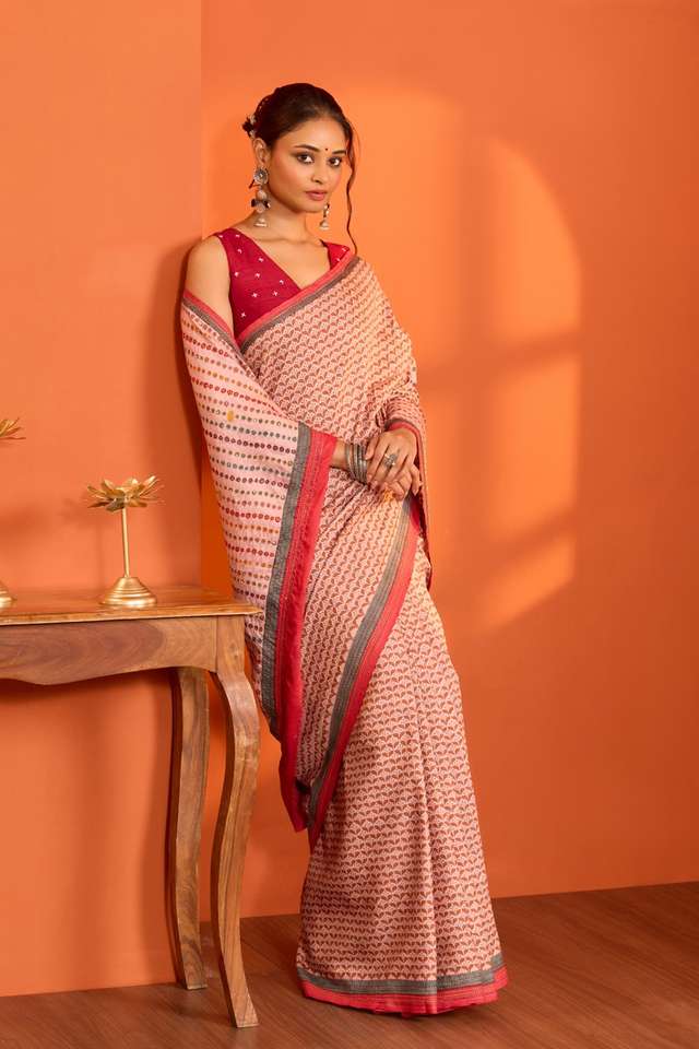 Light Pink Bengal Pure Tussar Silk Kantha Saree image number