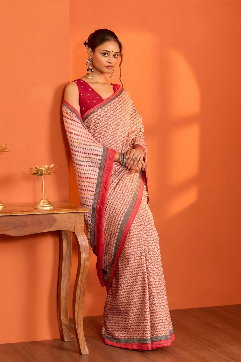 Light Pink Bengal Pure Tussar Silk Kantha Saree