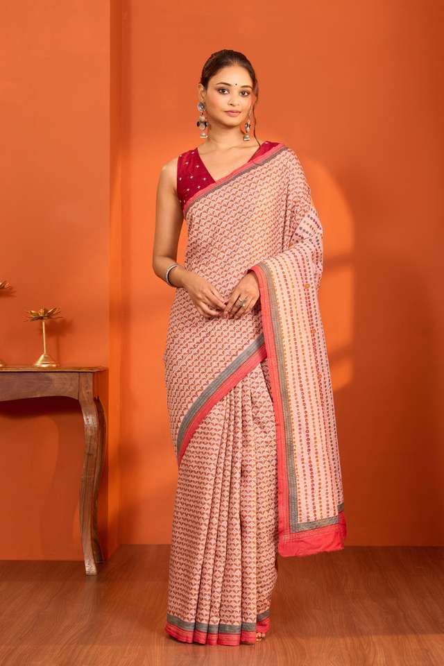 Light Pink Bengal Pure Tussar Silk Kantha Saree thumbnail image number null