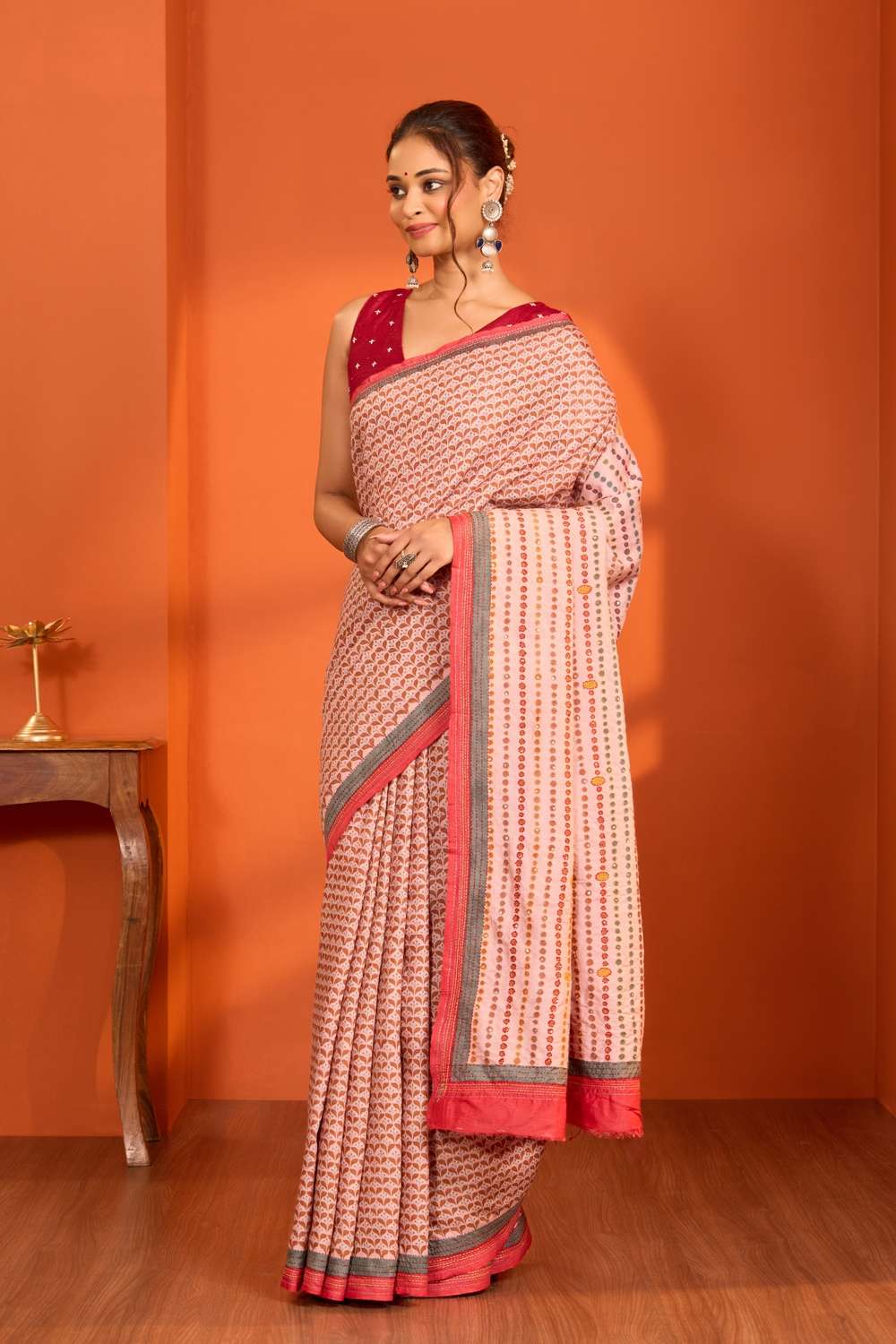 Light Pink Bengal Pure Tussar Silk Kantha Saree image number null