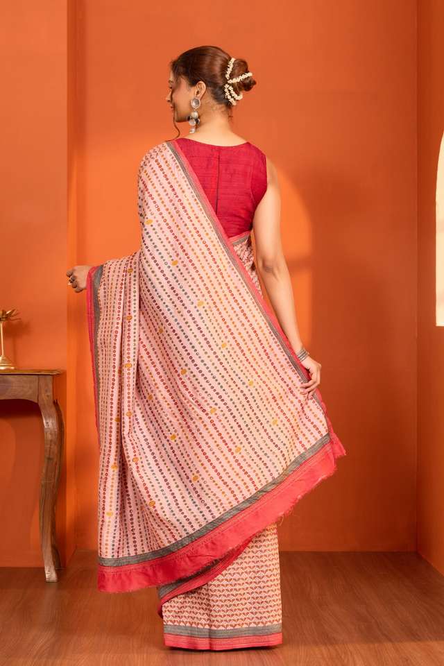 Light Pink Bengal Pure Tussar Silk Kantha Saree thumbnail image number null