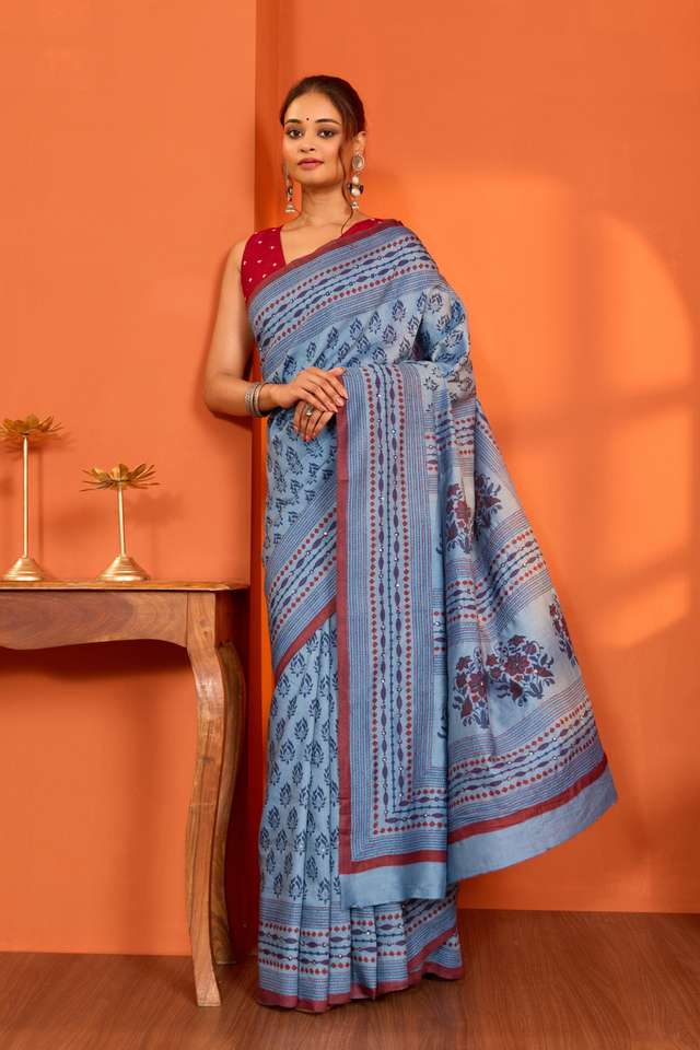 Light Blue Bengal Pure Tussar Silk Printed Embroidery Saree image number