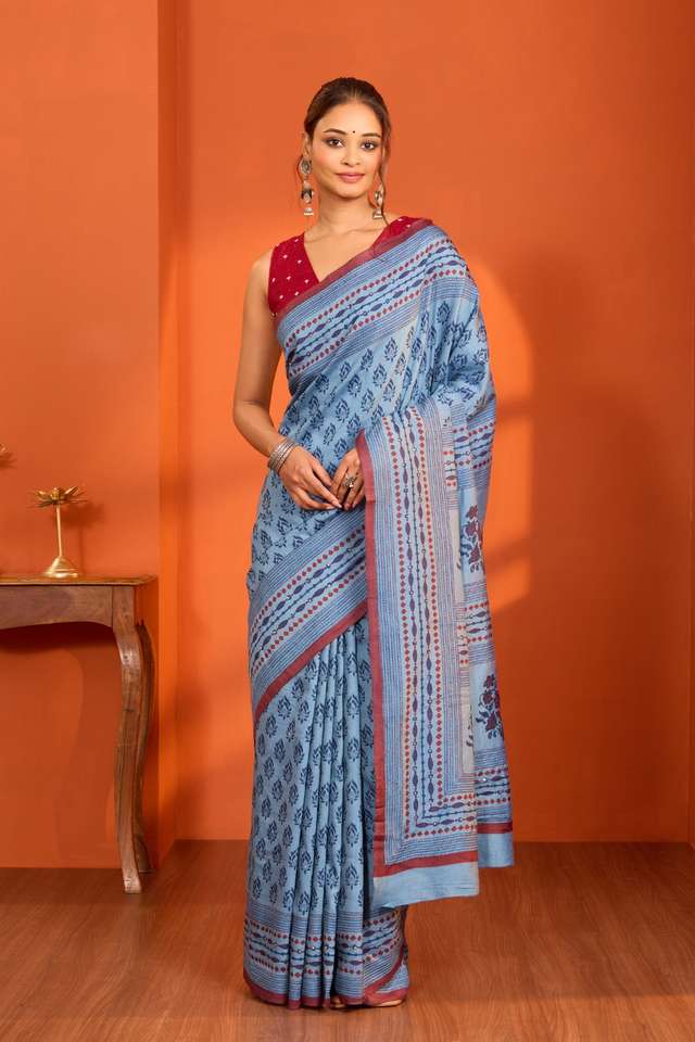 Light Blue Bengal Pure Tussar Silk Printed Embroidery Saree thumbnail image number null