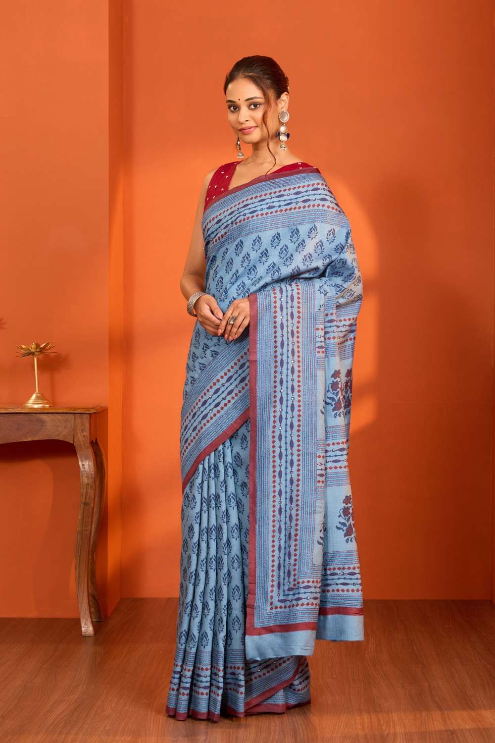 Light Blue Bengal Pure Tussar Silk Printed Embroidery Saree image number null