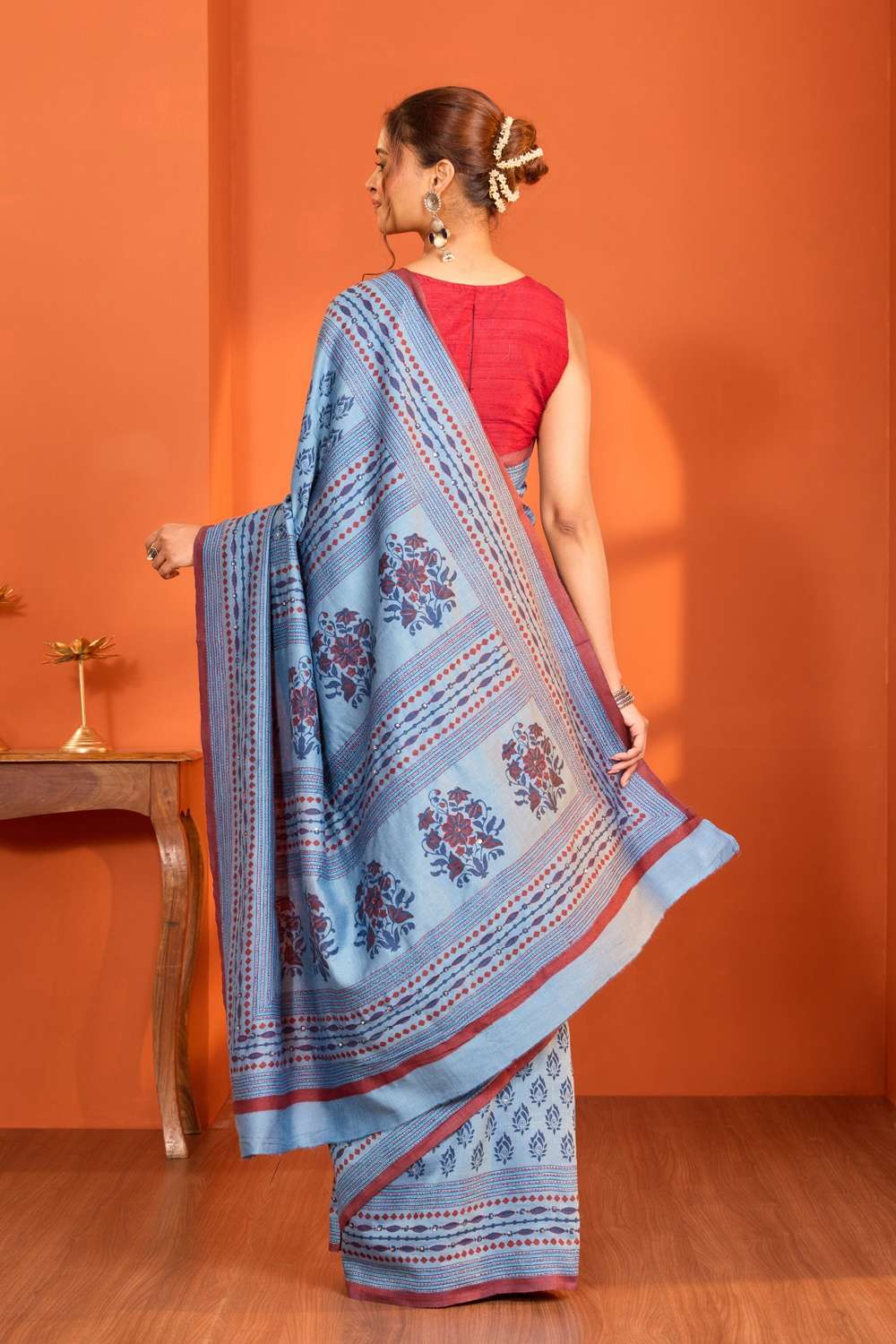 Light Blue Bengal Pure Tussar Silk Printed Embroidery Saree image number null