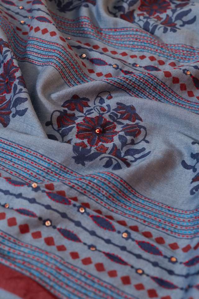 Light Blue Bengal Pure Tussar Silk Printed Embroidery Saree thumbnail image number null