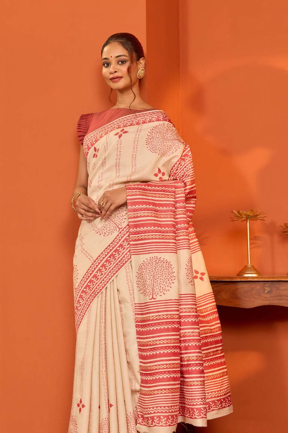 Off White Bengal Block Printed Pure Tussar Silk Saree