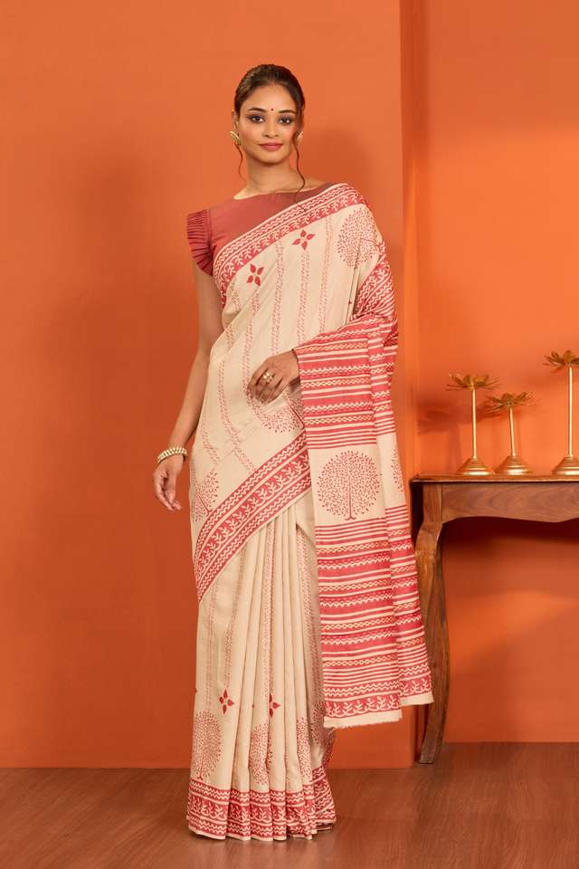 Off White Bengal Block Printed Pure Tussar Silk Saree thumbnail image number null