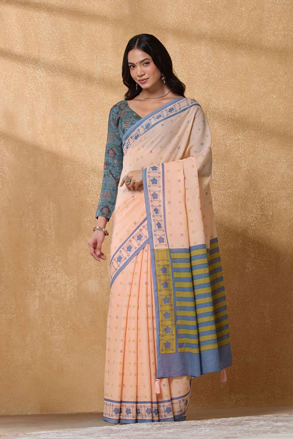 Light Orange Screen Printed  Bengal Pure Cotton Saree