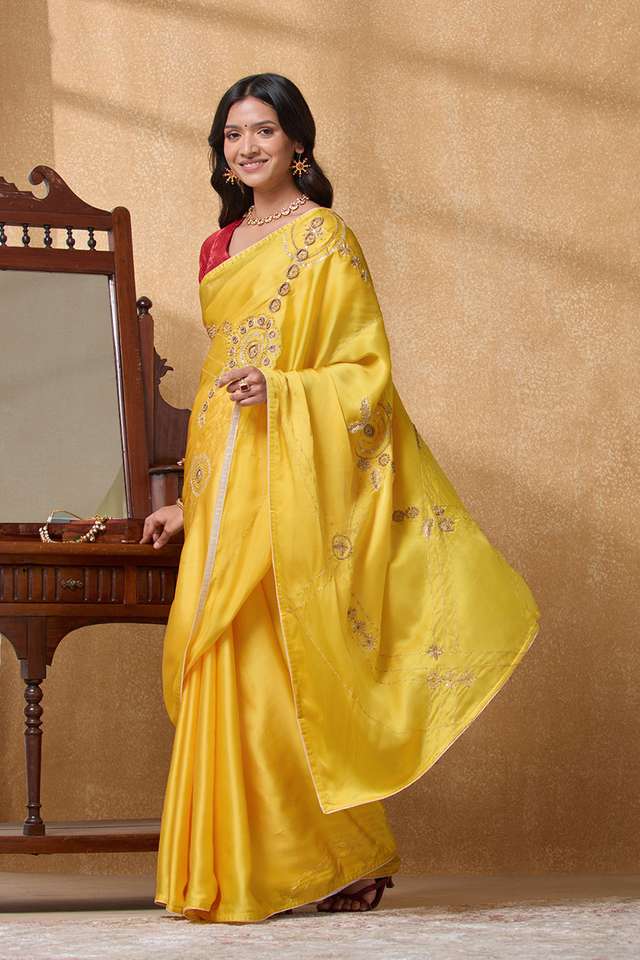 Yellow Viscose Satin Aari Embroidery Saree image number