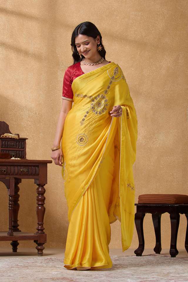 Yellow Viscose Satin Aari Embroidery Saree thumbnail image number null