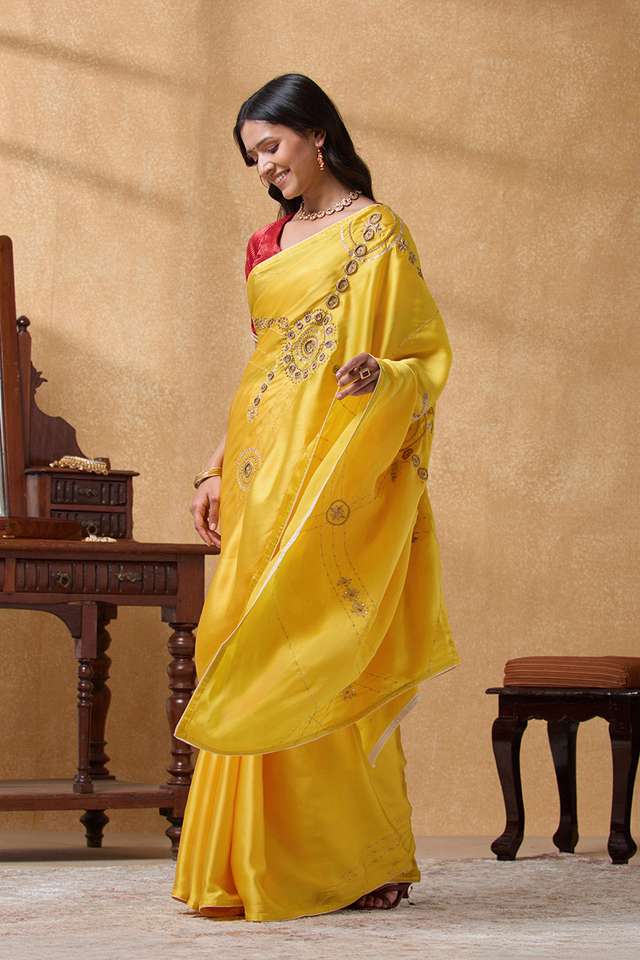 Yellow Viscose Satin Aari Embroidery Saree thumbnail image number null