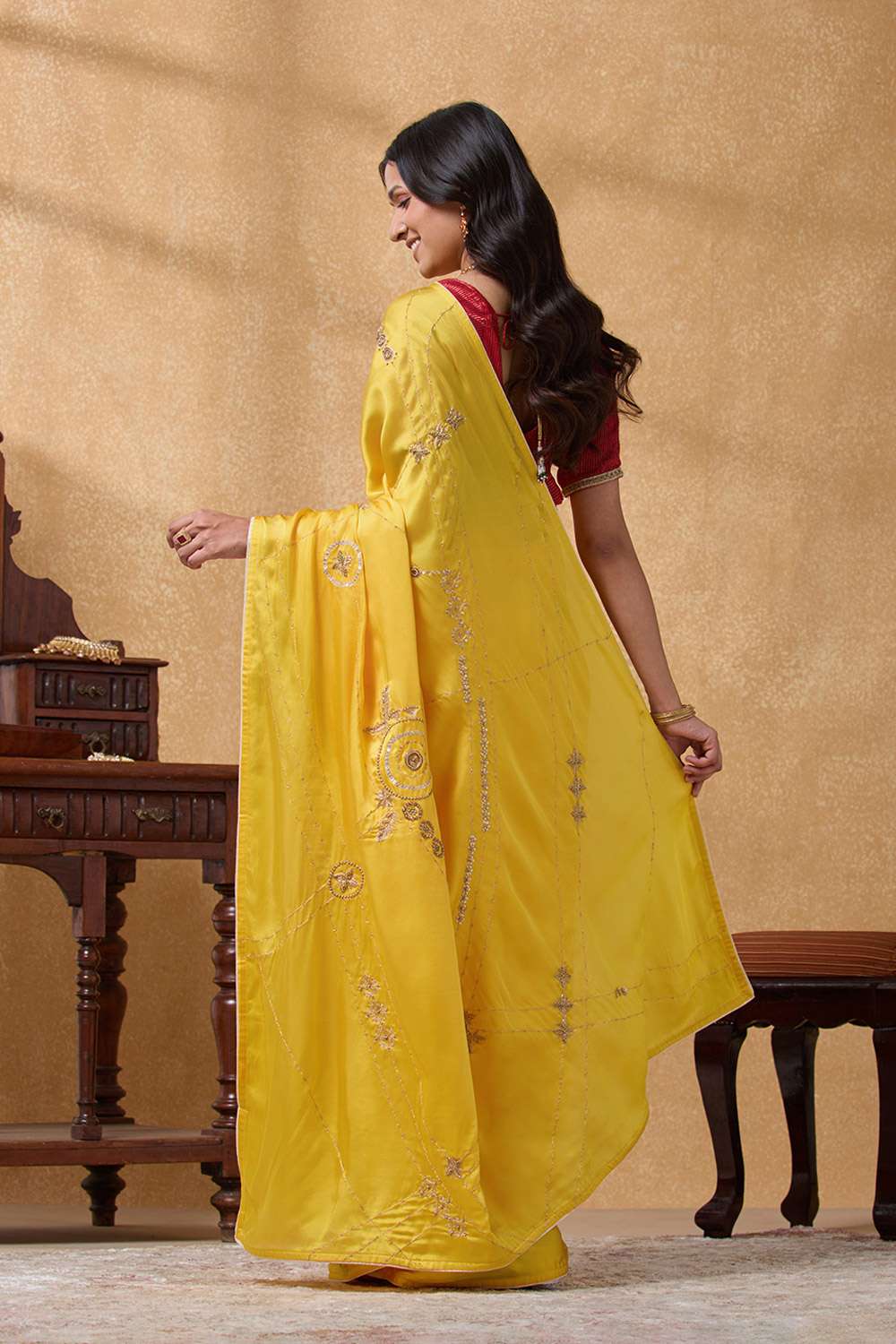 Yellow Viscose Satin Aari Embroidery Saree image number null