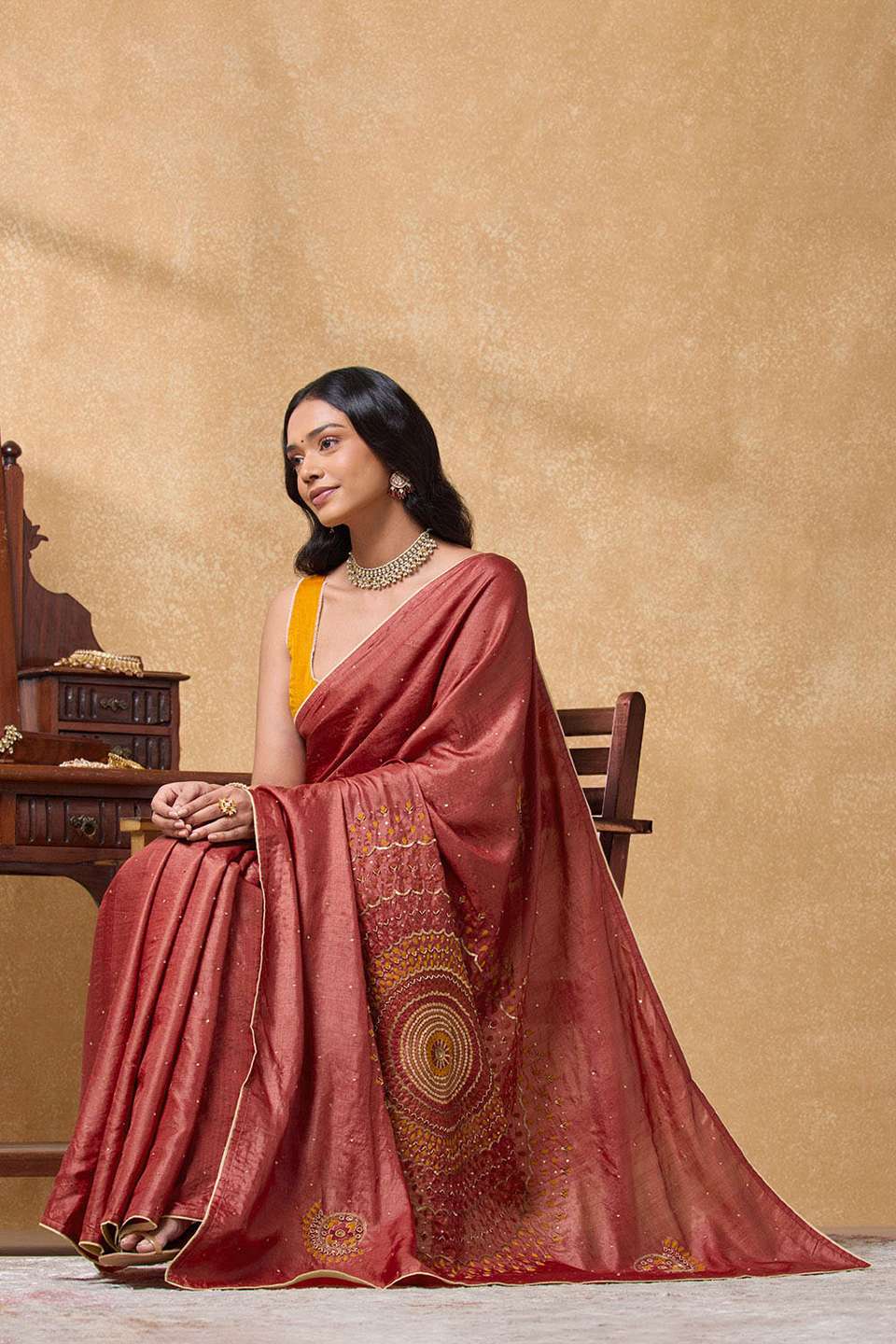 Red Pure Tussar Silk Embroidered Saree