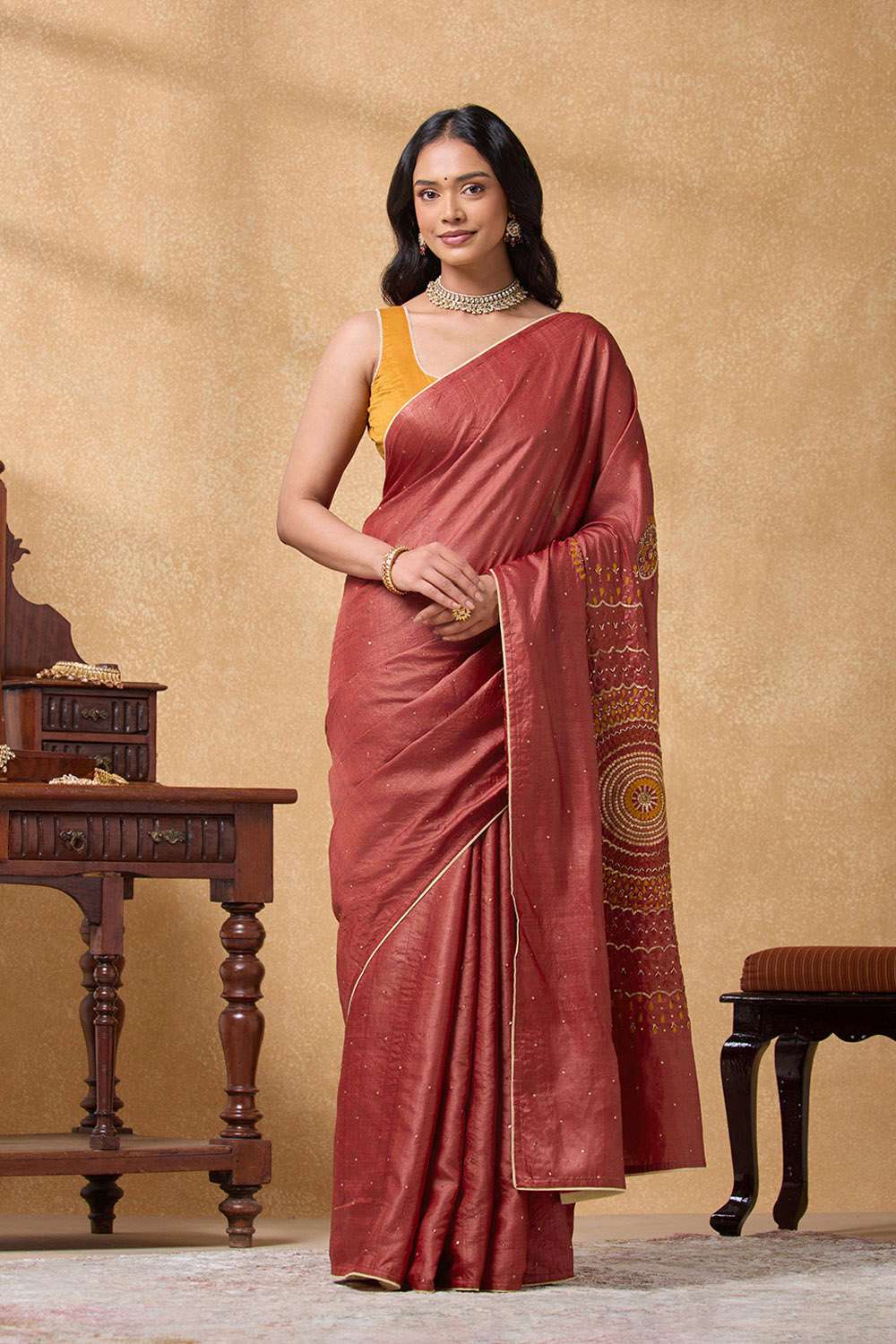 Red Pure Tussar Silk Embroidered Saree image number null