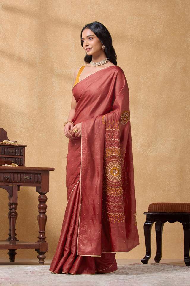 Red Pure Tussar Silk Embroidered Saree thumbnail image number null