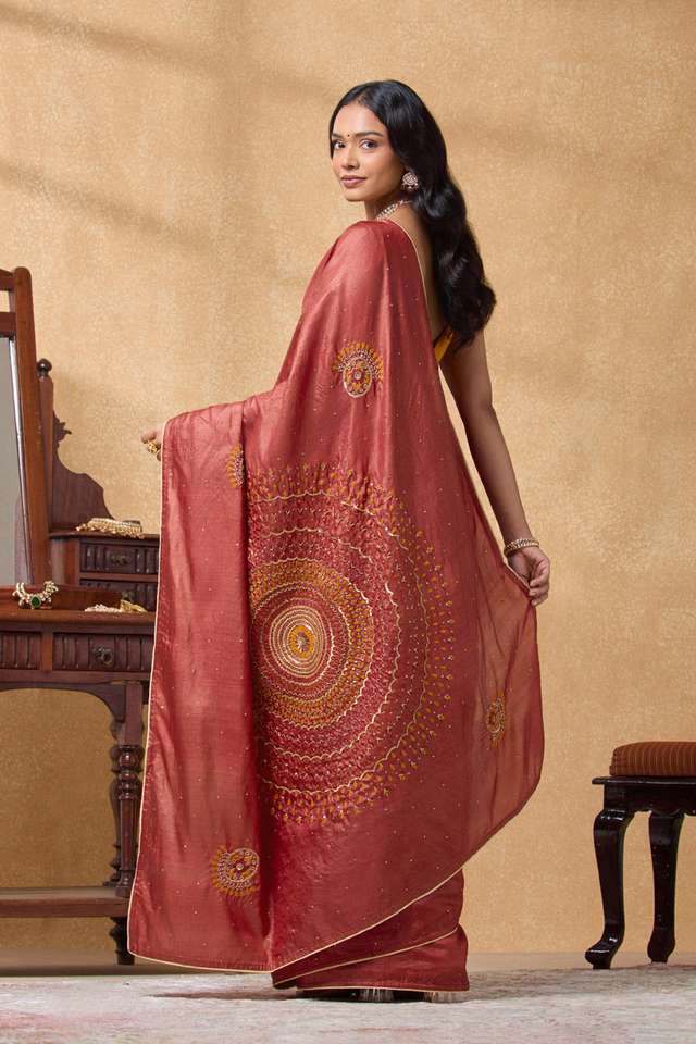 Red Pure Tussar Silk Embroidered Saree thumbnail image number null