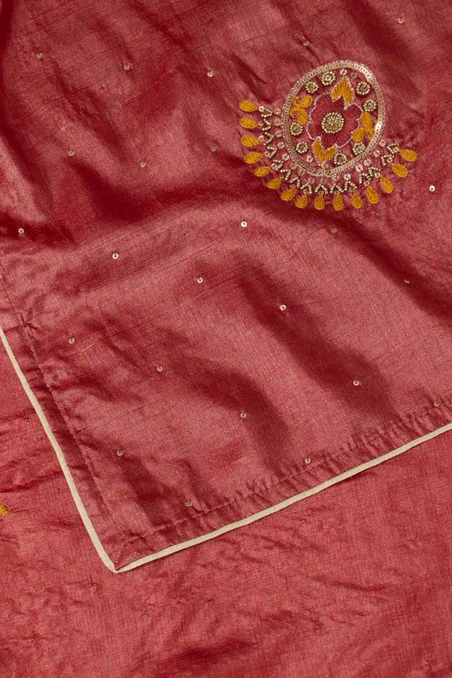 Red Pure Tussar Silk Embroidered Saree thumbnail image number null
