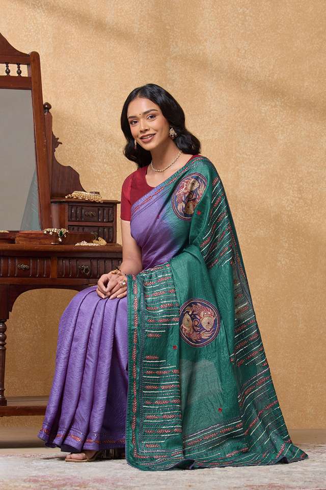 Dark Violet Pure Tussar Silk Embroidered Saree image number