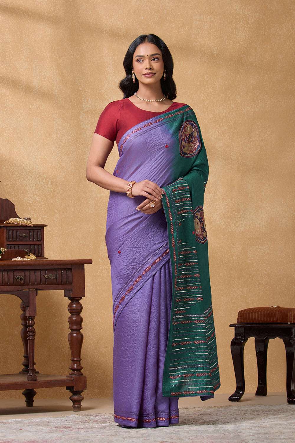 Dark Violet Pure Tussar Silk Embroidered Saree image number null