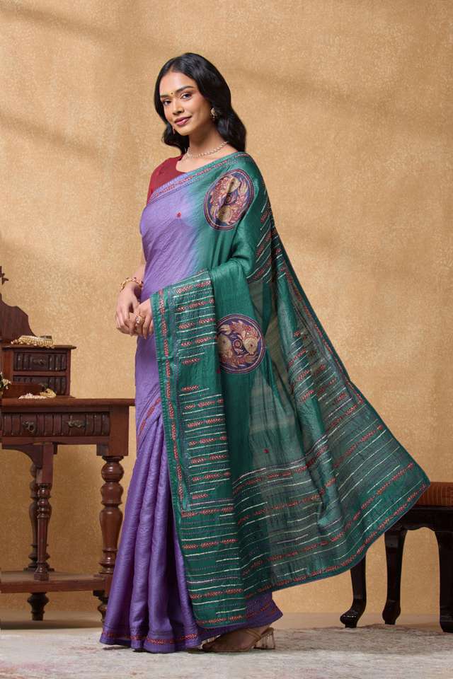 Dark Violet Pure Tussar Silk Embroidered Saree thumbnail image number null
