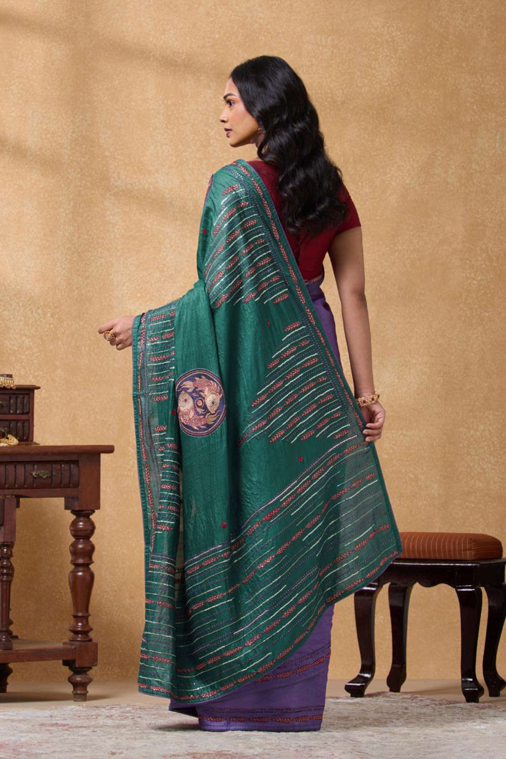 Dark Violet Pure Tussar Silk Embroidered Saree image number null