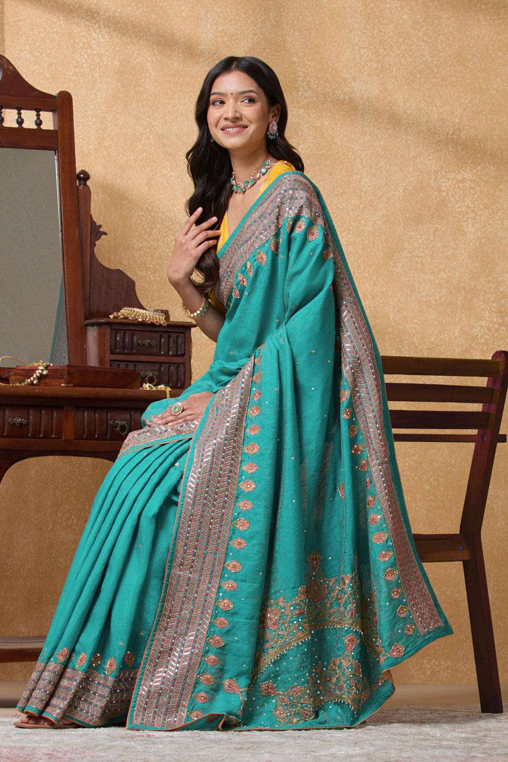 Blue Pure Tussar Tissue Embroidered Saree image number null