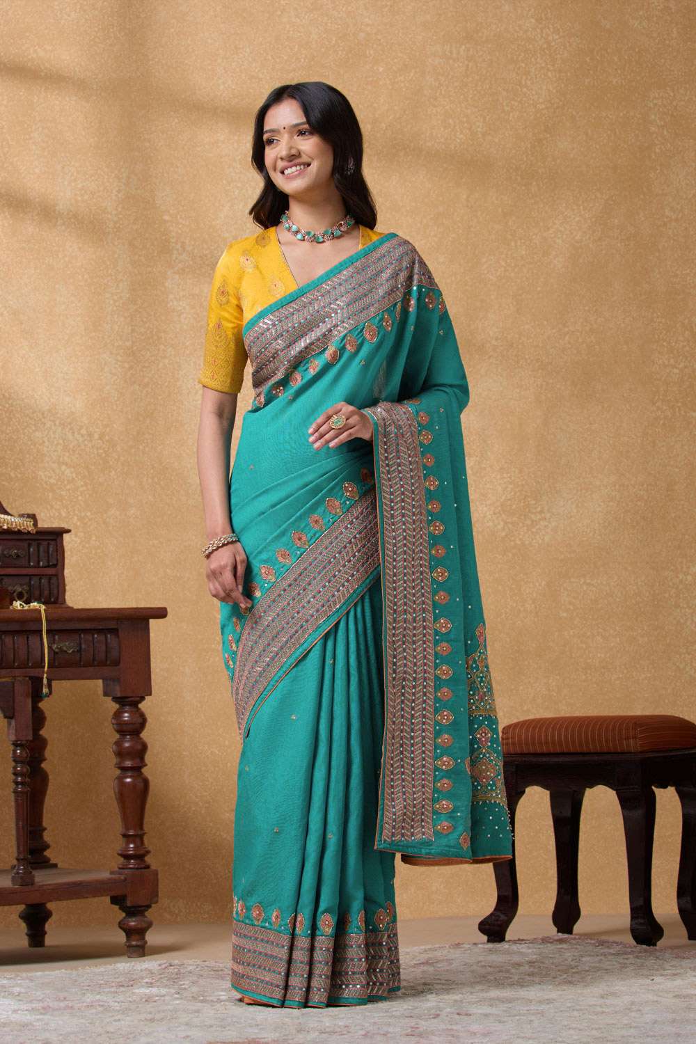 Blue Pure Tussar Tissue Embroidered Saree image number null