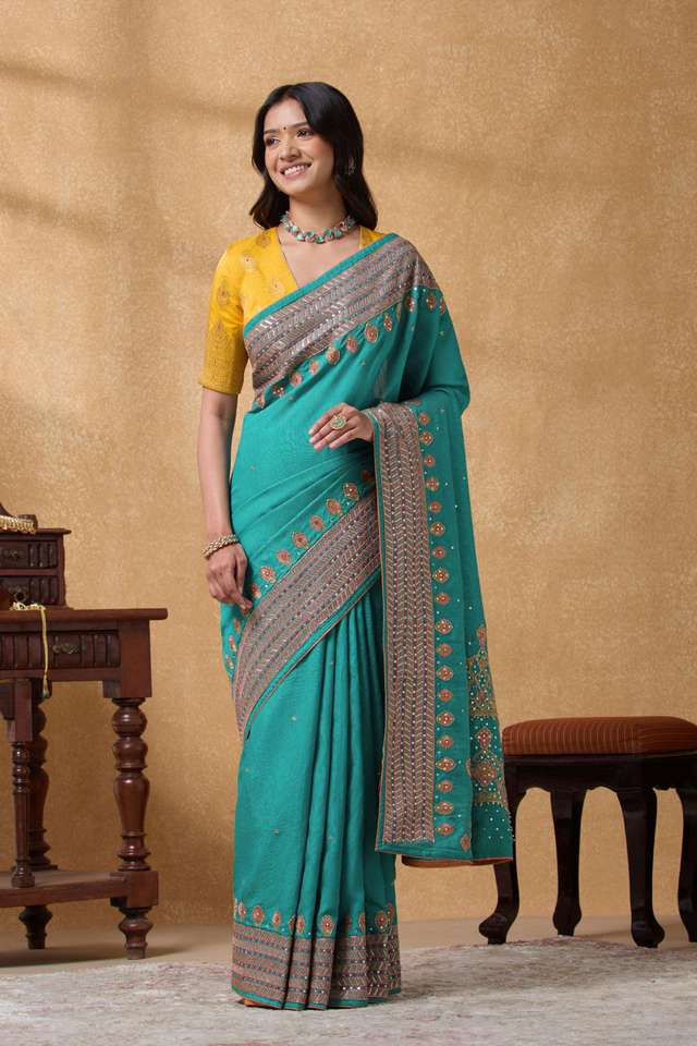Blue Pure Tussar Tissue Embroidered Saree thumbnail image number null