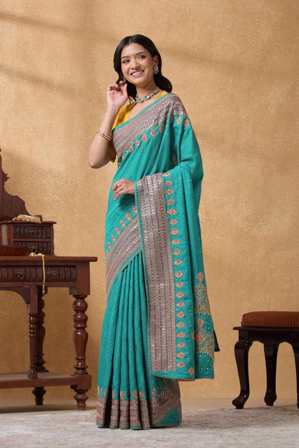 Blue Pure Tussar Tissue Embroidered Saree image number null