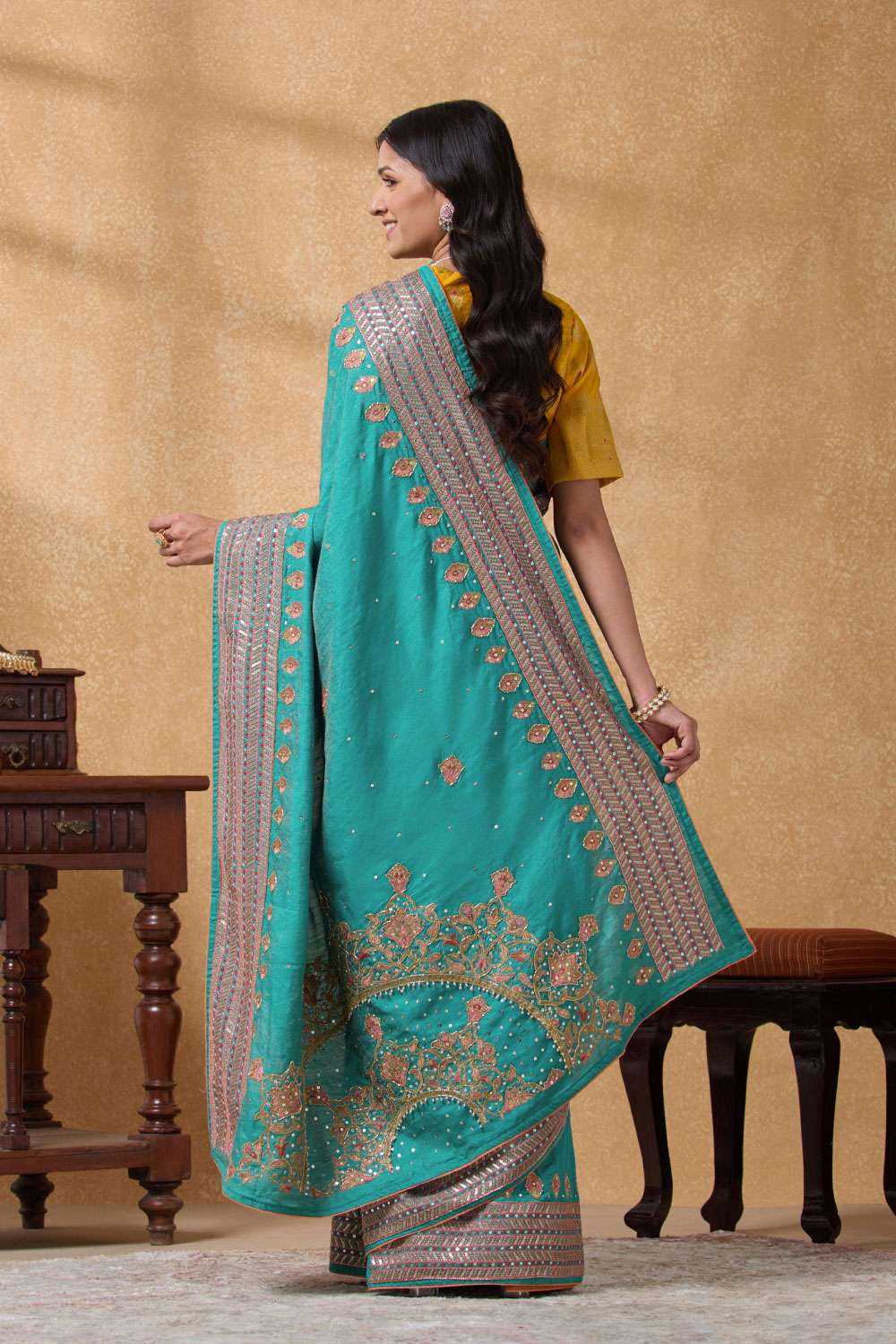 Blue Pure Tussar Tissue Embroidered Saree image number null