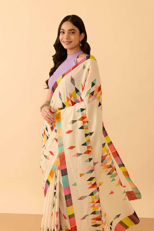 Off White Printed Pure Cotton Saree image number