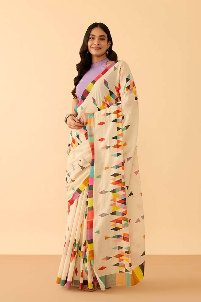 Off White Printed Pure Cotton Saree thumbnail image number null