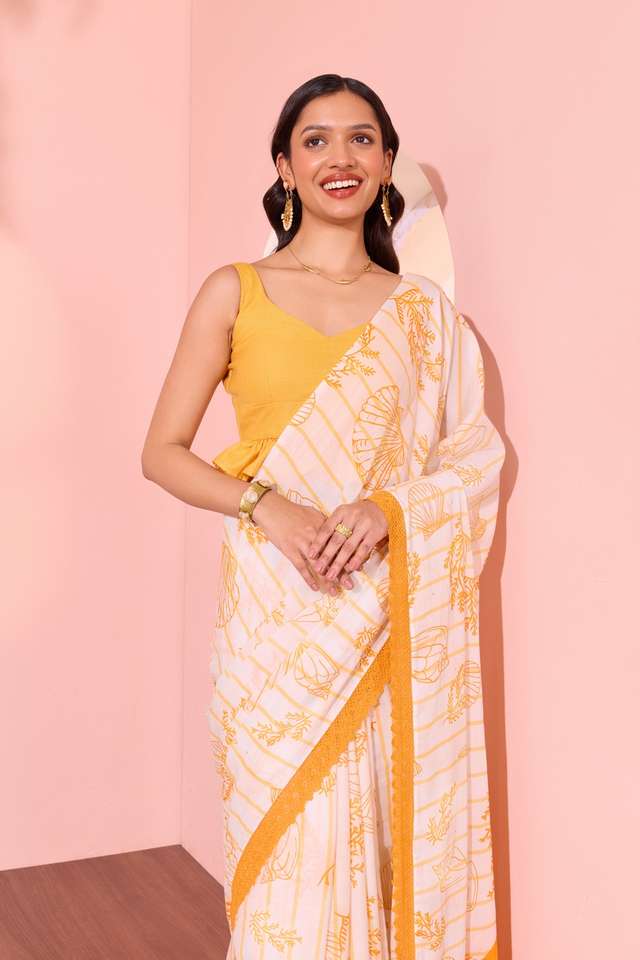 Off White  Pure Cotton Printed Embroidered Saree image number
