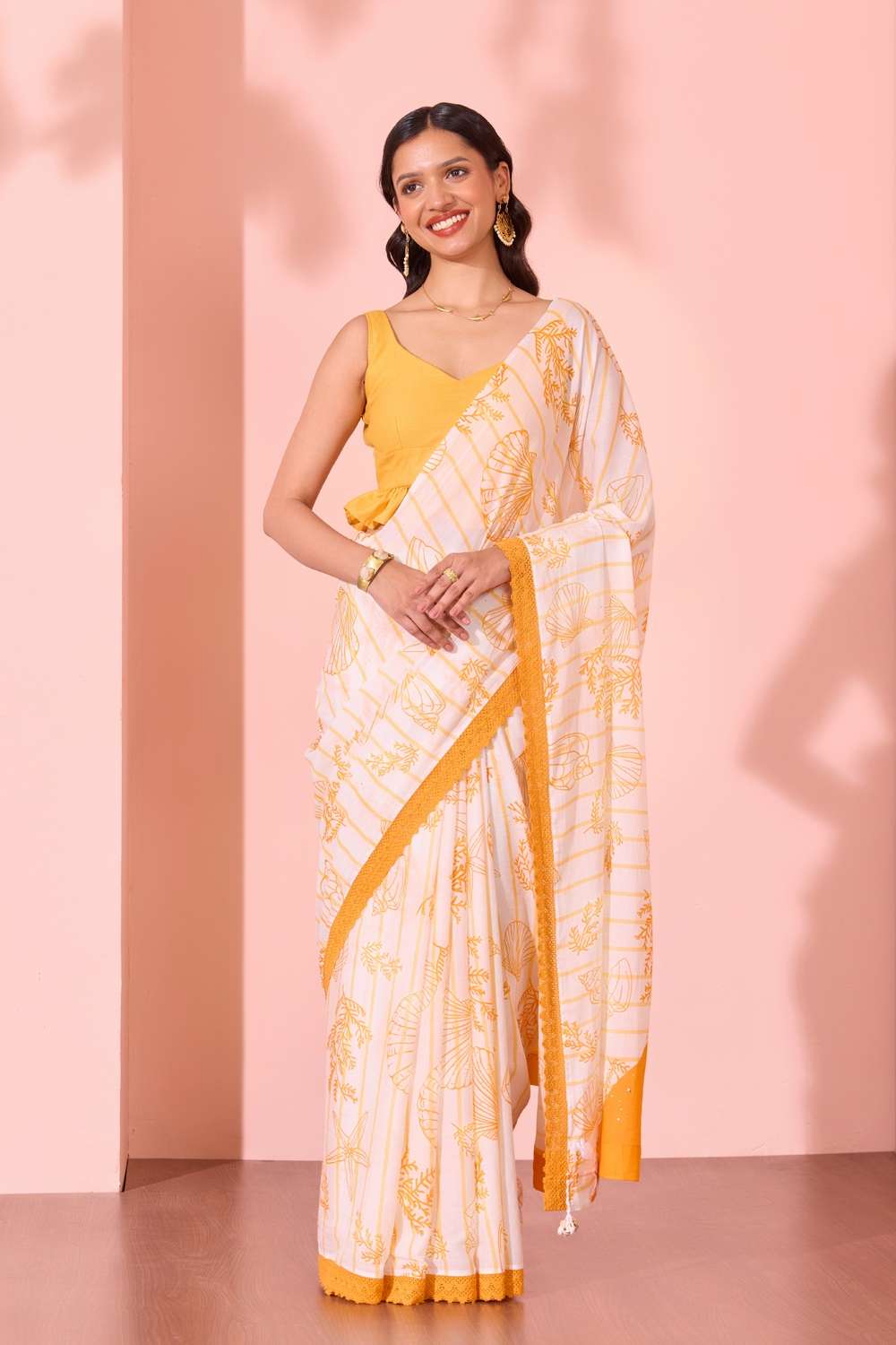 Off White  Pure Cotton Printed Embroidered Saree image number null