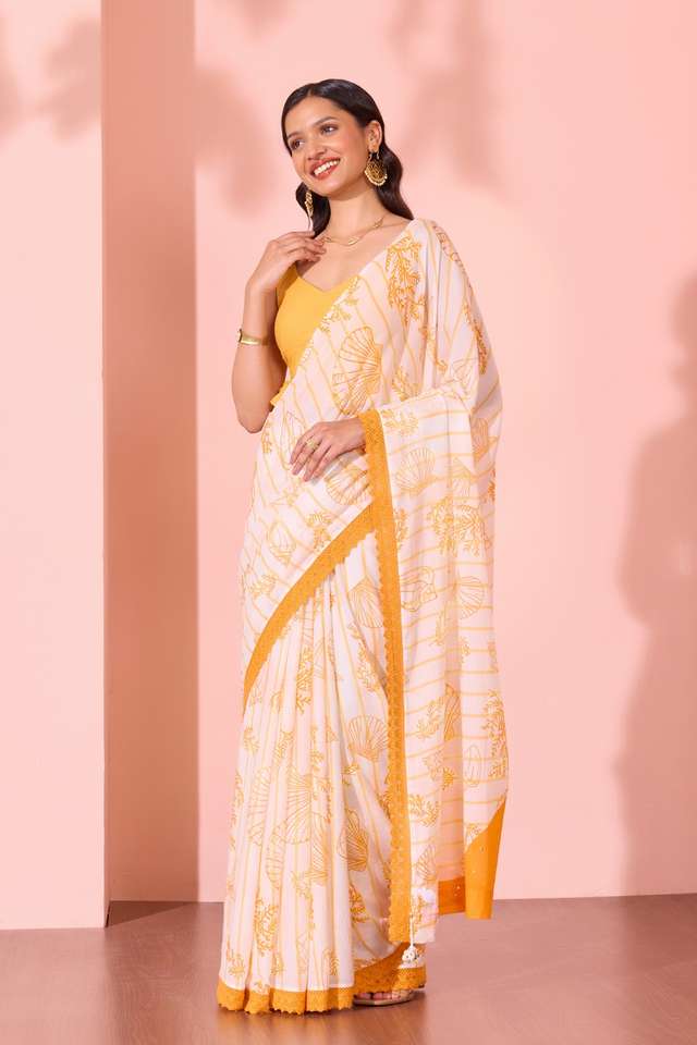 Off White  Pure Cotton Printed Embroidered Saree thumbnail image number null