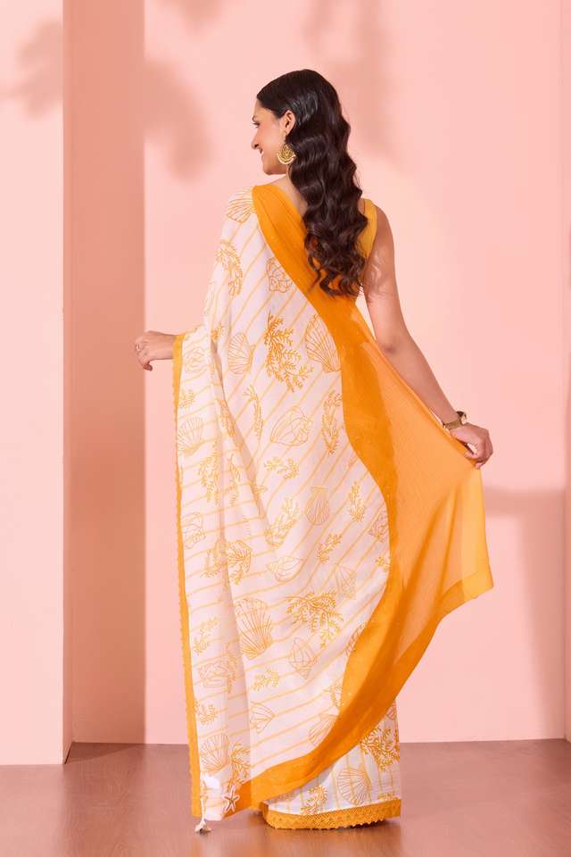 Off White  Pure Cotton Printed Embroidered Saree thumbnail image number null