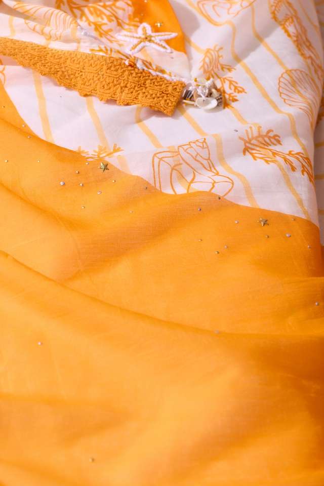 Off White  Pure Cotton Printed Embroidered Saree thumbnail image number null