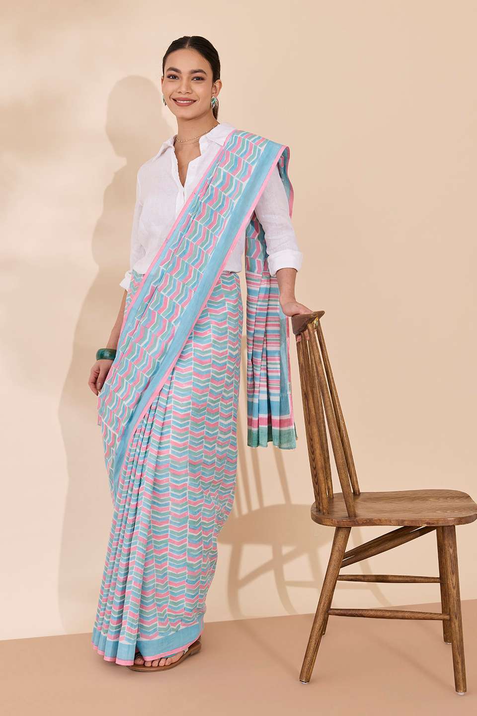 Light Blue Rajasthan Block Printed Pure Cotton Saree