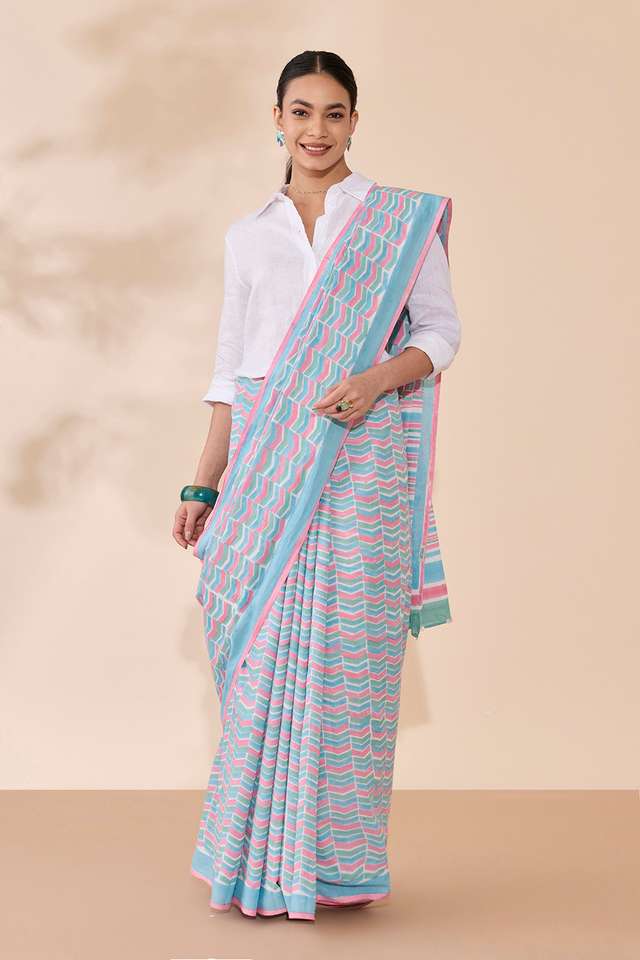 Light Blue Rajasthan Block Printed Pure Cotton Saree thumbnail image number null