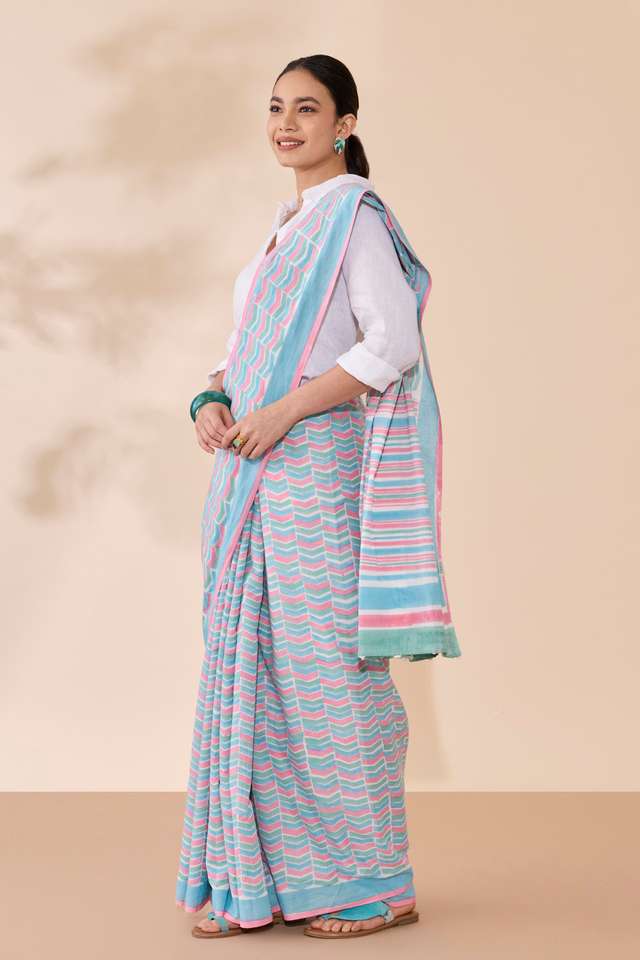 Light Blue Rajasthan Block Printed Pure Cotton Saree thumbnail image number null