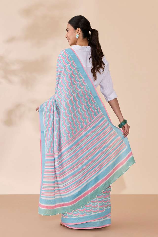 Light Blue Rajasthan Block Printed Pure Cotton Saree thumbnail image number null