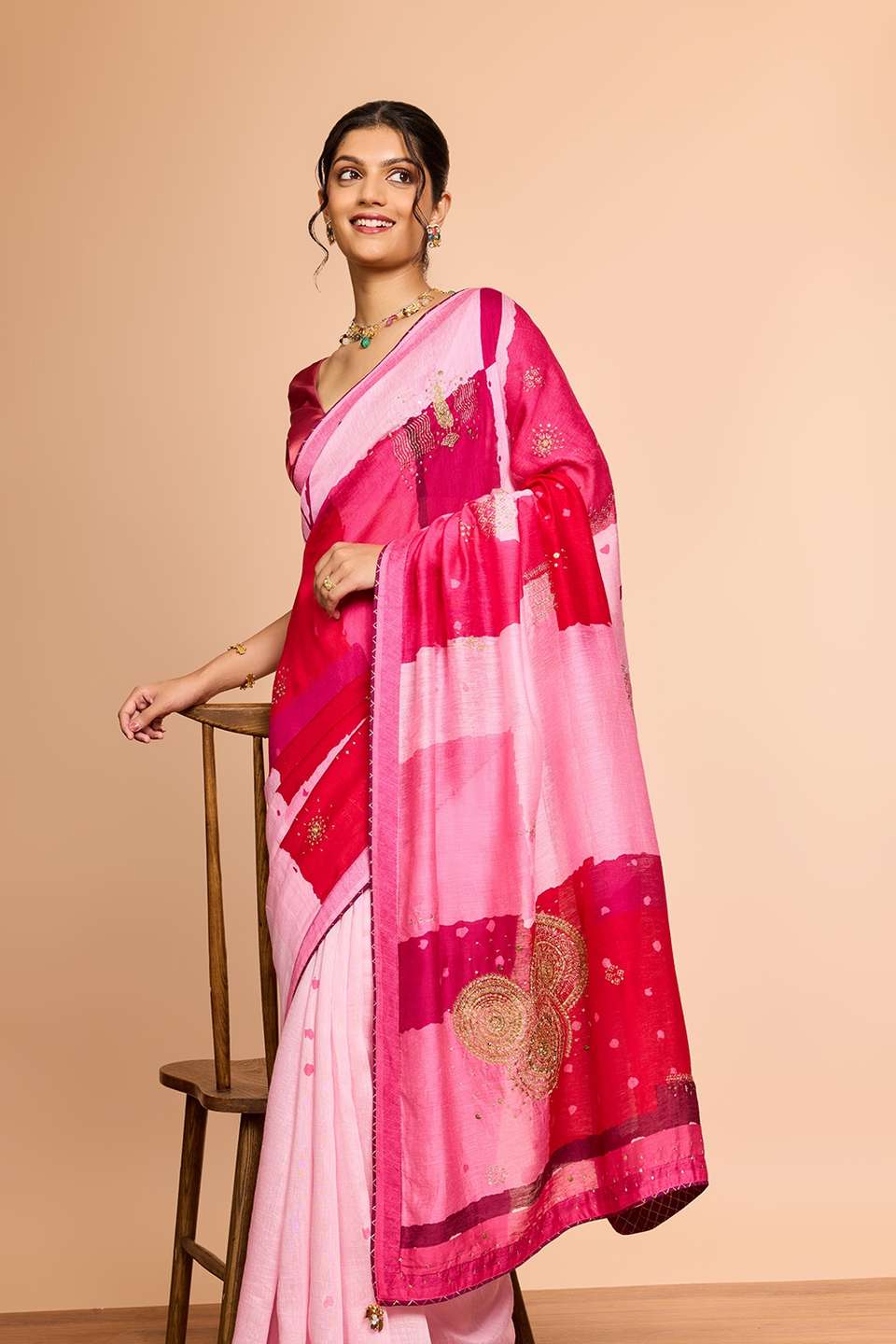 Light Pink Pure Silk Linen Printed Embroidered Saree