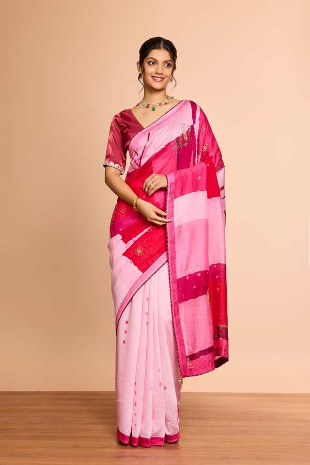 Light Pink Pure Silk Linen Printed Embroidered Saree thumbnail image number null